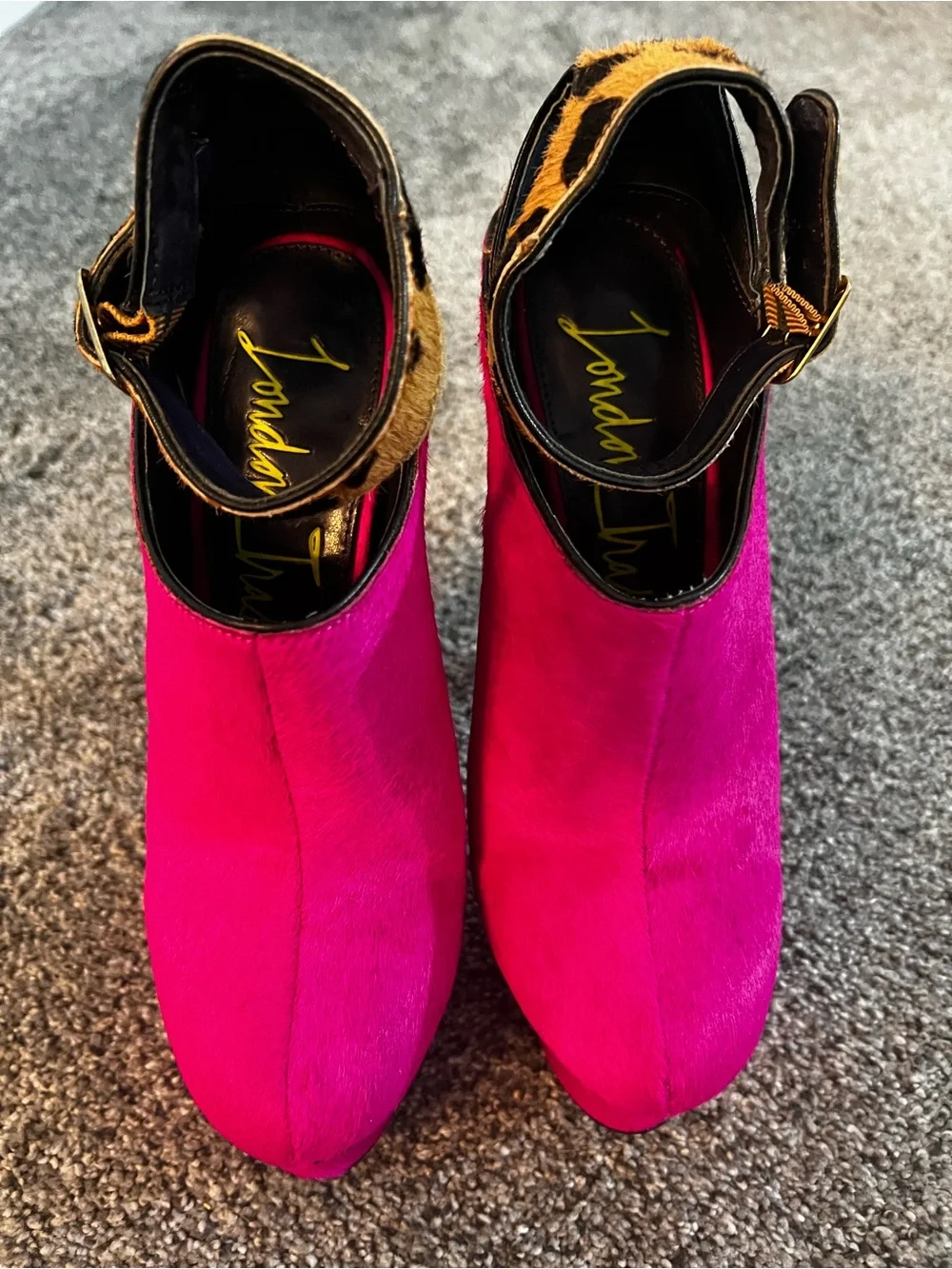 London Trash Fuchsia Platform Peep-Ankle Heels with Leopard Strap